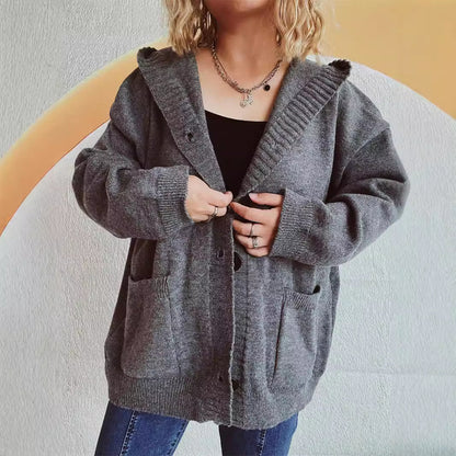 Autumn Winter V neck Knitted Cardigan Retro Pocket Hooded Sweater Women Clothing Loose Top Coat