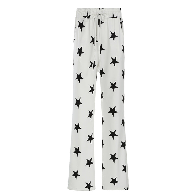 Sweet Cool Five Pointed Star Casual Micro Pull Knitted Trousers Loose Printed High Waist Wide Leg Pants