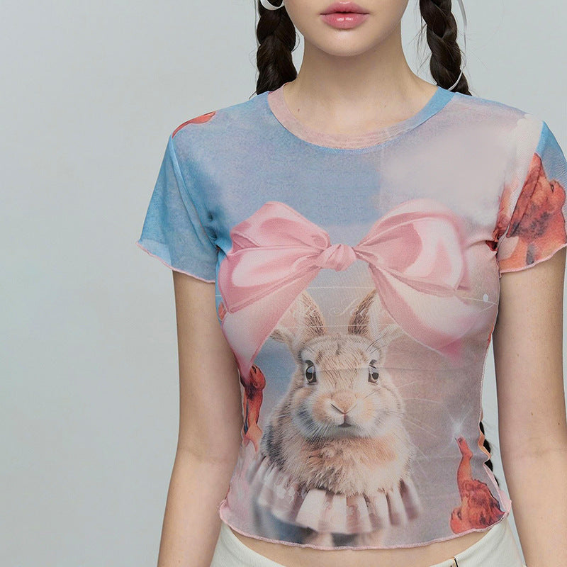 Sexy Sweet Spicy Bow Rabbit Print round Neck Western Contrast Color Shoulder T shirt