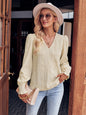 Casual Women Autumn Winter Slim V neck Solid Color Smocking Long Sleeve Top Women