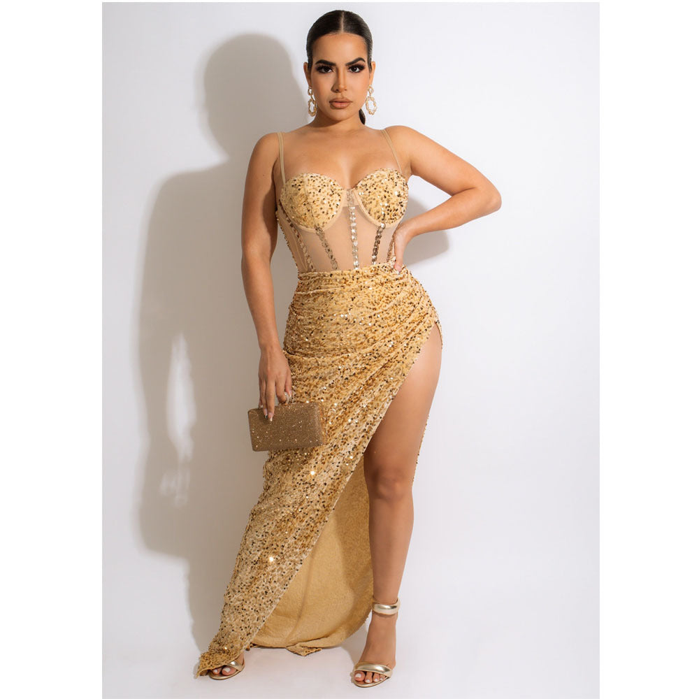 Nightclub Sequin Mesh Sexy V-neck Brace Split Maxi Dress Women Formal Dress