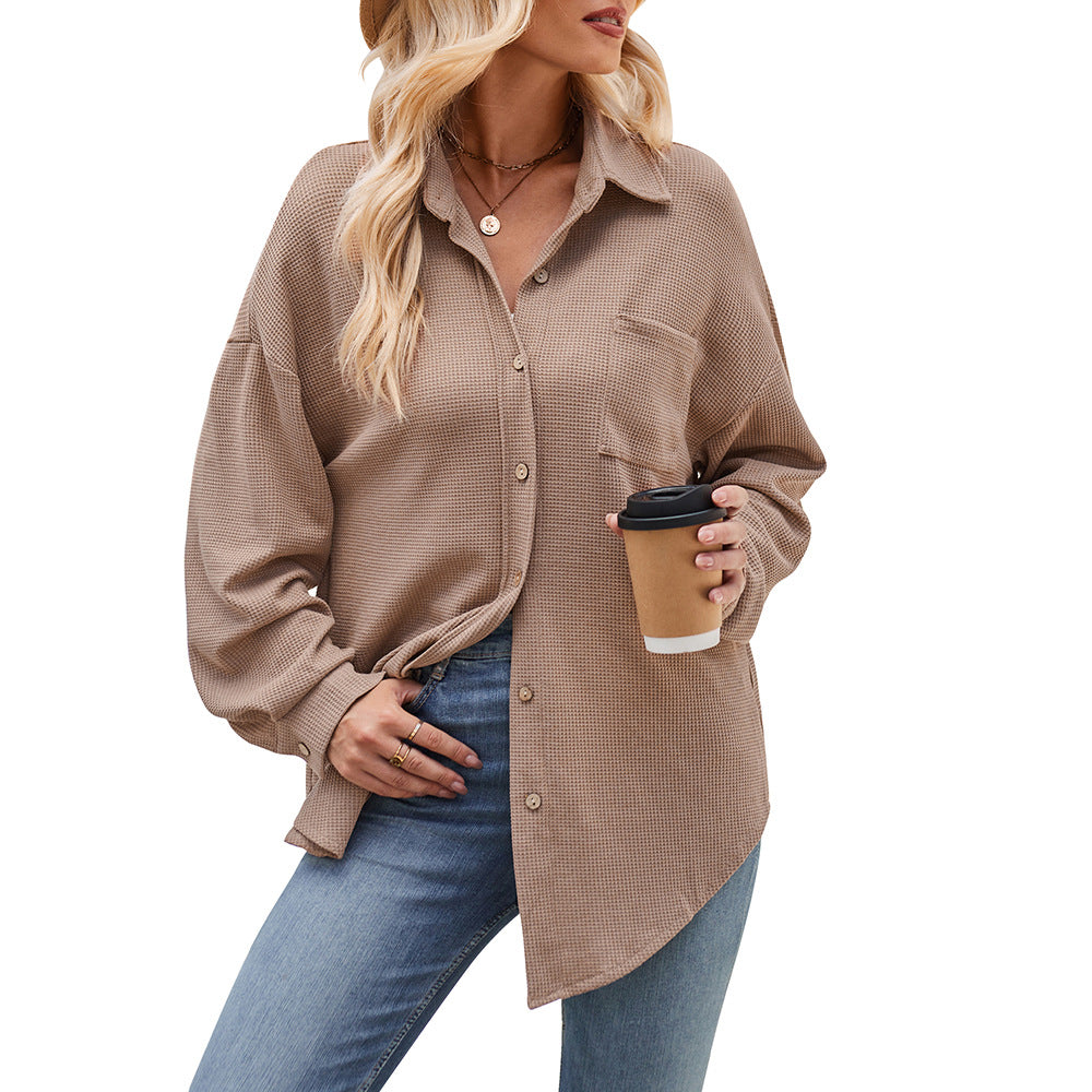 Women Autumn Winter Casual Loose Pockets Waffle Shirt