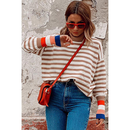 Autumn High Neck Long Sleeved Top Women Simple Striped Sweater Women