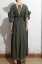 Beach Cover up Slubbed Fabric Button Draw Waist Strap Maxi Dress Sun Protection Shirt