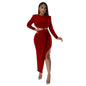 Women Clothing Autumn Round Neck Sexy Waist Cutout out Split Dress