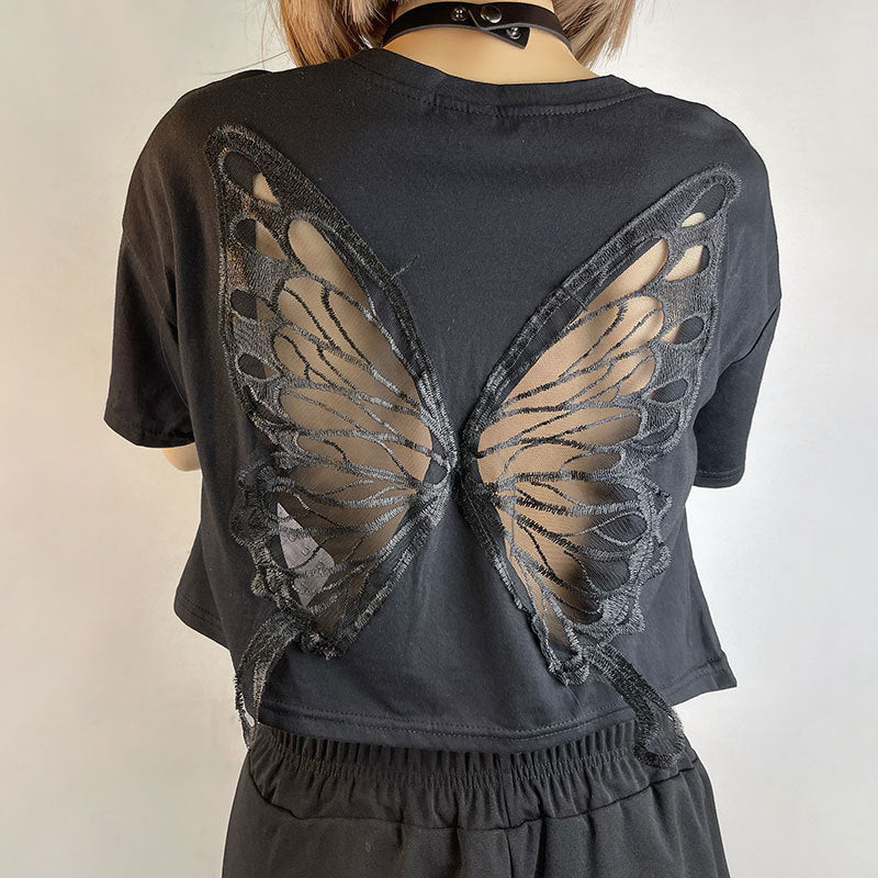 Black Lace Butterfly Exposed Cropped Short T-shirt Fashionable Loose Hollow Out Cutout Short Sleeve Top