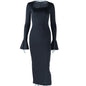 Round Neck Dress Solid Color Patchwork Flared Sleeves Pullover Mid Waist Split Asymmetric Women