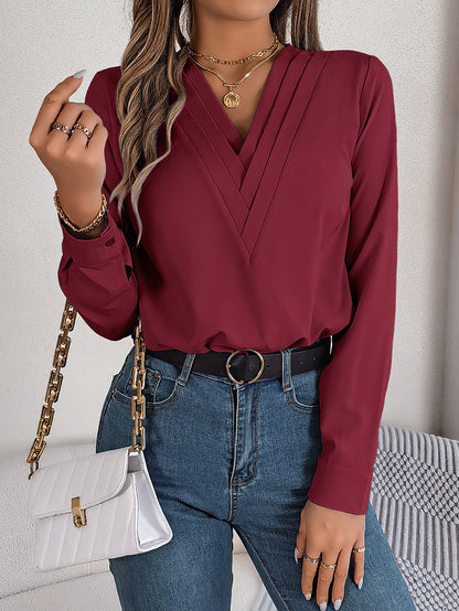 Real Shot Autumn Winter Elegant Solid Color Stacked V neck Long Sleeve Shirt Women Clothing