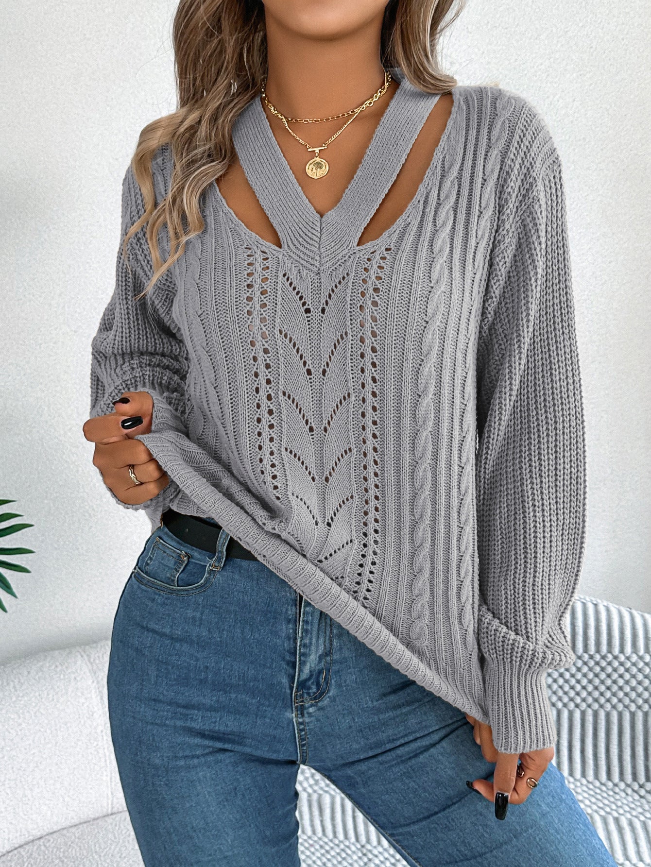 Autumn Winter Casual Hollow Out Cutout Out V Neck Twist Lantern Sleeve Pullover Sweater Women Clothing