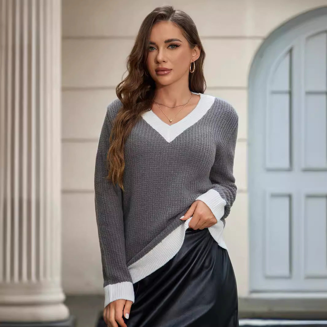 Women Clothing Sweater V Neck Pullover White Edge Long Sleeve Knitted Solid Color Slim Fit Top