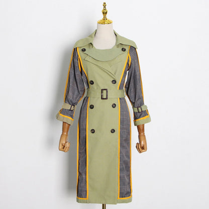 Celebrity Trench Coat Autumn Personalized Double Breasted Plaid Stitching Mid Length Baggy Coat