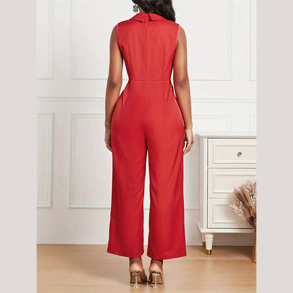 Women Clothing Elegant Graceful Pleated Suit Collar Straight Jumpsuit Office Women