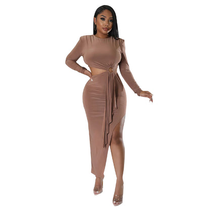 Women Clothing Autumn Round Neck Sexy Waist Cutout out Split Dress