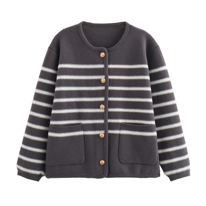 Women Clothing Autumn Winter Classic Vintage Stripe Knitted Cardigan All-Matching Graceful Knitted Coat for Women