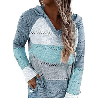 Plus Size Autumn Winter Women Clothing Long Sleeve Loose Hollow Out Cutout Contrast Color Knitted Sweater Hooded Sweater