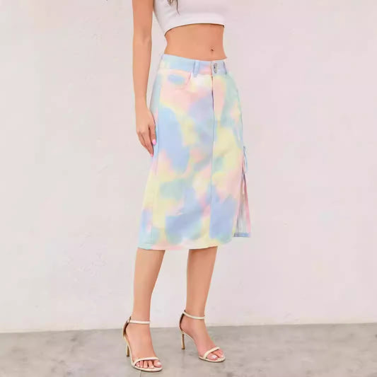 Summer Tie Dye Gradient Macaron Color Denim Skirt Mid High Waist