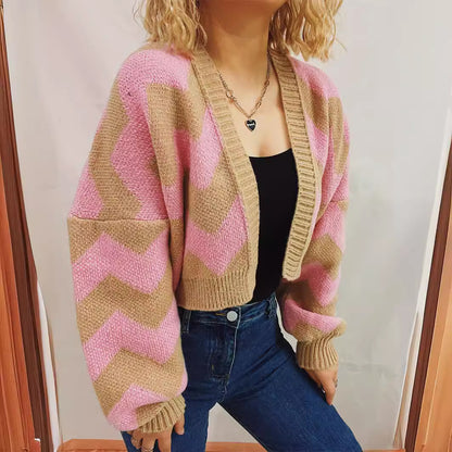 Japanese Korean Early Spring Wave Striped Contrast Color Long Sleeves Drop Shoulder Sweater Short Sweater Cardigan