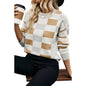 Winter Color Matching Plaid Round Neck Sweater Women Casual All Matching Warm Knitted Long Sleeve Top Women