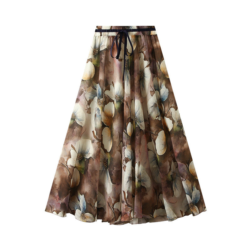 Summer Korean Floral Print Skirt Large Swing A line Wild High Waist Long Skirt for Women