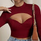 Autumn Winter Sexy Slim Hollow Out Cutout Chest Cup Type High Collar Short Section Long Sleeve Women T-shirt Tops Women