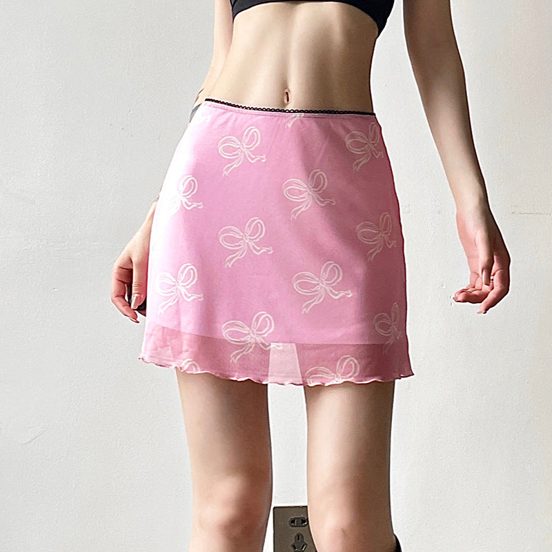 Sexy Sexy Bow Printed Mesh Skirt Summer Contrast Color Low Waist Slimming Mesh Sheath Skirt