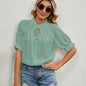 Lace Up Princess Sleeves Pleating Chiffon Blouses Women