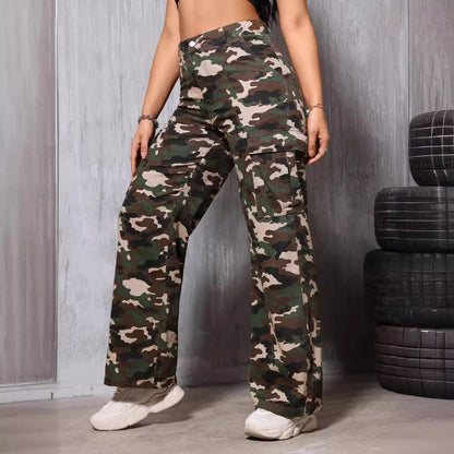 Retro Camouflage Straight Women Jeans Street Trends Summer Loose Slimming Casual