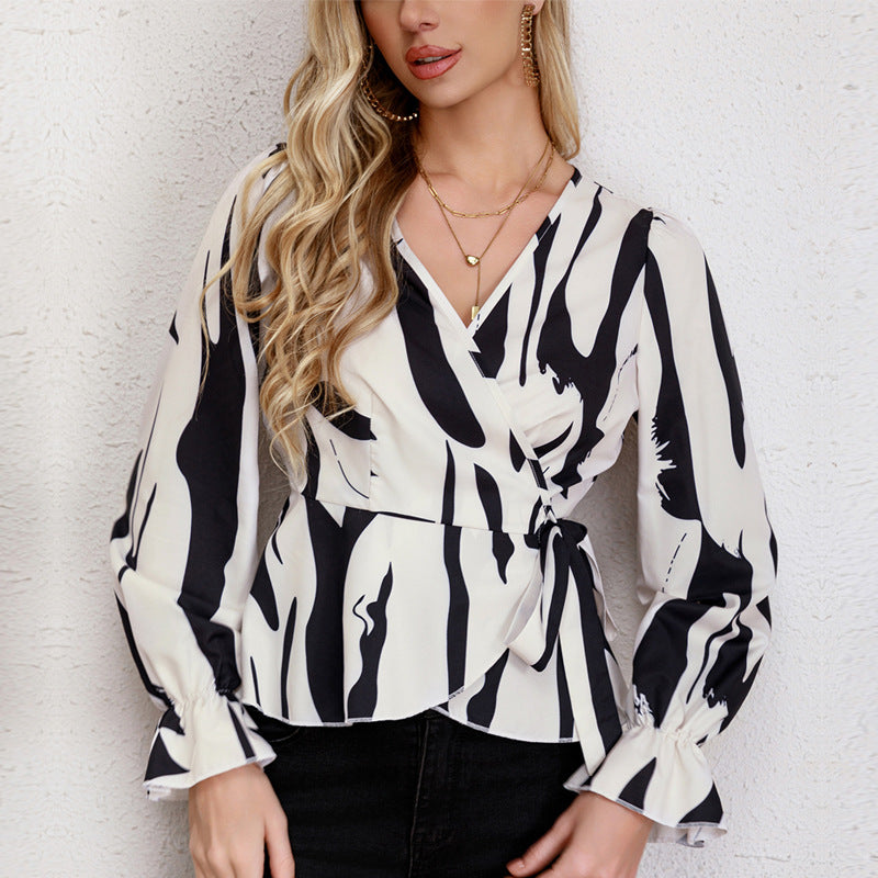 Graceful Fashionable Spring Black White Art Print Loose Tied Long Sleeve Shirt Top