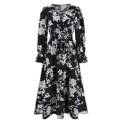 Autumn Winter V neck Waist Trimming Lace up Long Sleeve Floral Dress Maxi Dress Women