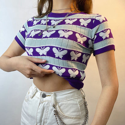 Short Sleeve Butterfly Girl Knitted Lining Taro Purple Knitted T shirt