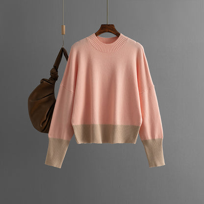 Autumn Winter Women Knitwear round Neck Loose Color Matching Top Sweater for Women