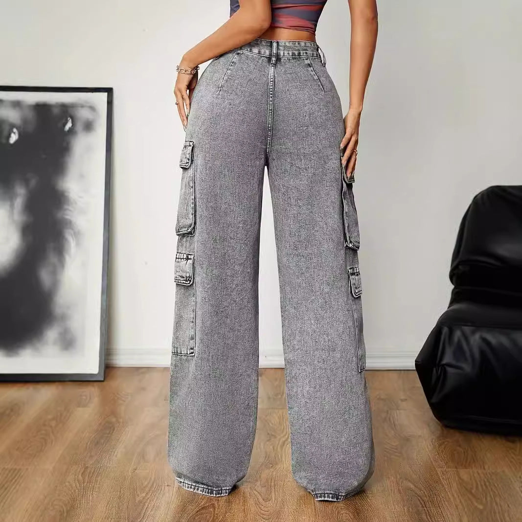 Distressed Stitching Multi Pocket Cargo Pants High Waist Smoky Gray Loose Casual Jeans Street