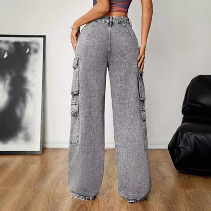 Distressed Stitching Multi Pocket Cargo Pants High Waist Smoky Gray Loose Casual Jeans Street