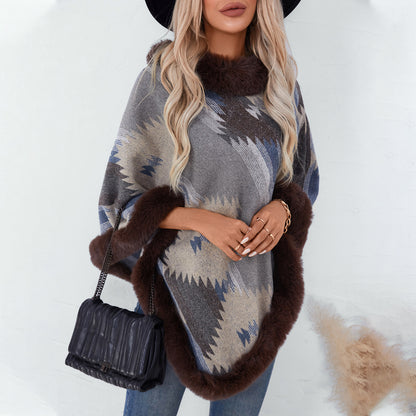 Autumn Winter Pullover Cloak Fur Collar Geometric Abstract Pattern Knitted Inverness Sweater Women