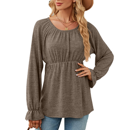 Autumn Winter Solid Color round Neck Waist Trimming Loose Long Sleeved T shirt Top Women