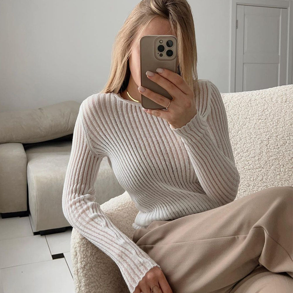 Hollow Out Cutout Sweater Spring Summer Sexy Slim Fit Cashmere Round Neck Long Sleeve Thin Sunken Stripe Sweater