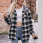 Women Clothing Autumn Winter Flannel Plaid Coat Hooded Casual Shirt