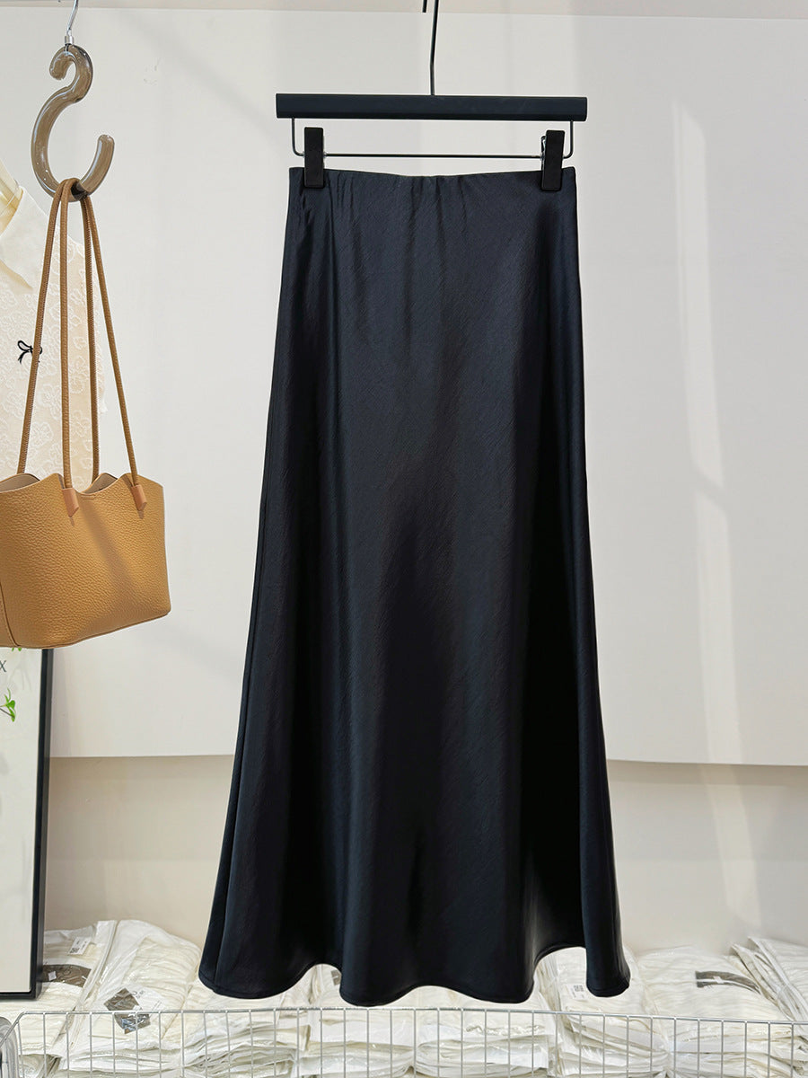 Silky Autumn Double Sided Satin Mopping Skirt Women High Waist Texture Elastic Waist All Matching Sheath Long Skirt