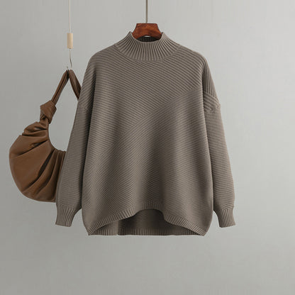Autumn Winter Retro Loose Oversized Long Sleeves Top Solid Color Pullover Sweater Women Mock Neck Sweater Bottoming Shirt