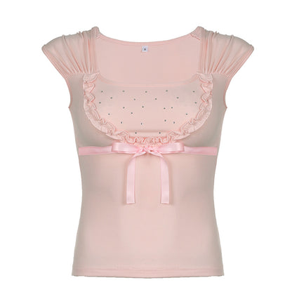 Pink Girly Lace Bow Stitching Rhinestone Element Slim U Neck Flying Sleeves T-shirt Top