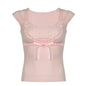 Pink Girly Lace Bow Stitching Rhinestone Element Slim U Neck Flying Sleeves T-shirt Top