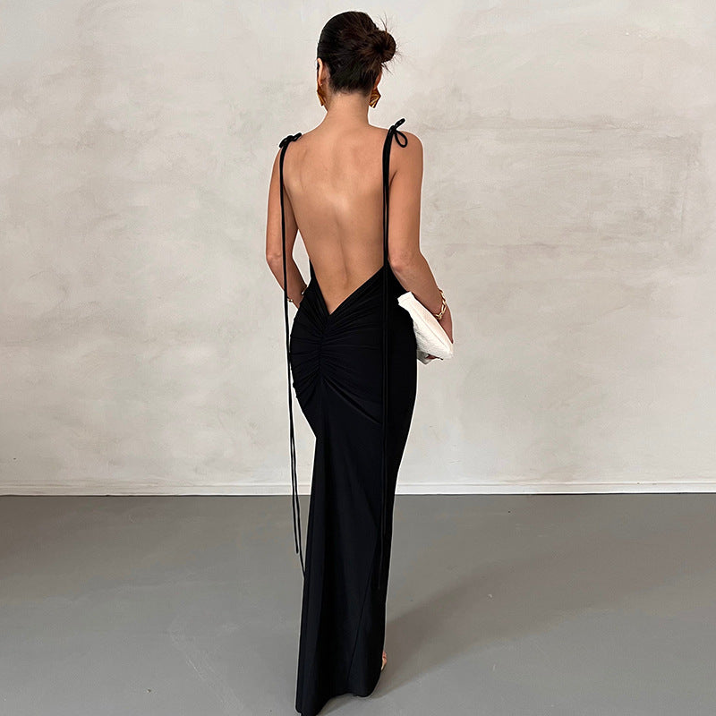 Solid Color Sexy Backless Pleated Long Elegant Slim Strap Dress for Women