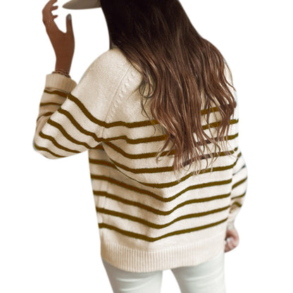 Knitwear Striped Pullover Top with Buttons for Women sweater