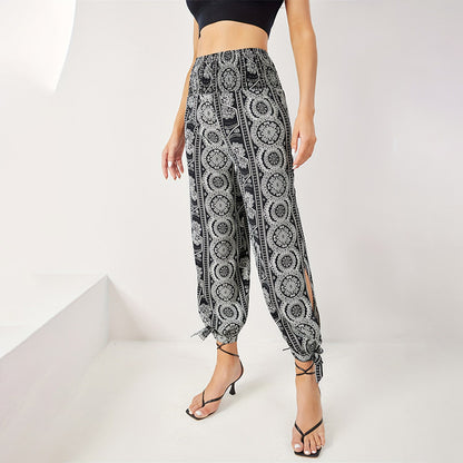 Loose Office Elegant Printed Hem Slit Trousers Women Wide Leg Ankle Banded Pants Women Pants