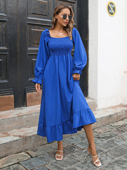 Women Clothing Autumn Winter Casual Ruffled Square Collar Large Swing Dress Maxi Dress