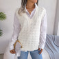 Autumn Winter Solid Color Hollow Out Cutout Wavy V neck Knitted Vest Sweater Women Clothing