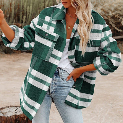 Women Clothing Autumn Winter New  Plaid Button Shacket Flannel Woolen Coat Coat