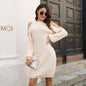 off the Shoulder Lantern Sleeve Woolen Women Waist Trimming Loose Knitted Dress Women Clothing