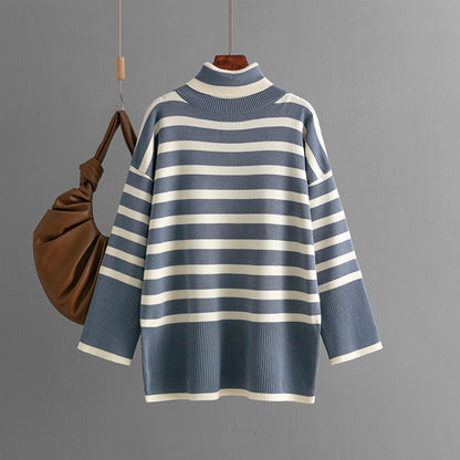 Striped Turtleneck Sweater Women Autumn Winter Loose Design Sweater Pullover Top