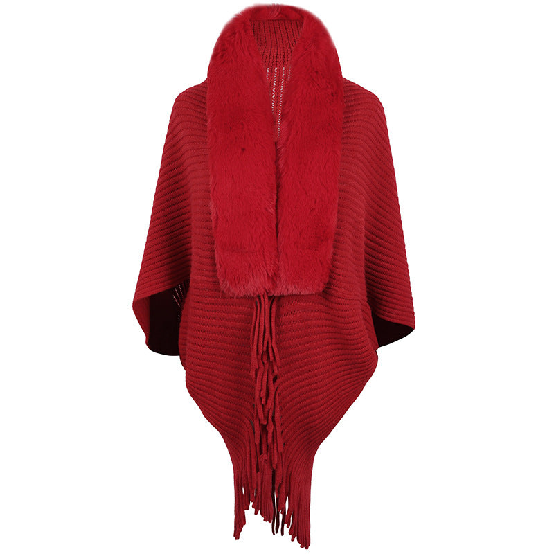 Autumn Winter Fur Collar Tassel Shawl Women Knitted Cape Coat